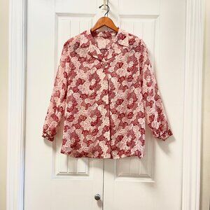 Vintage Sheer Floral Rose Button up Collar Blouse Red & White